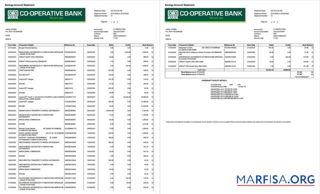 Downloadable Kenya Co operative bank account statement word 2 pages sample